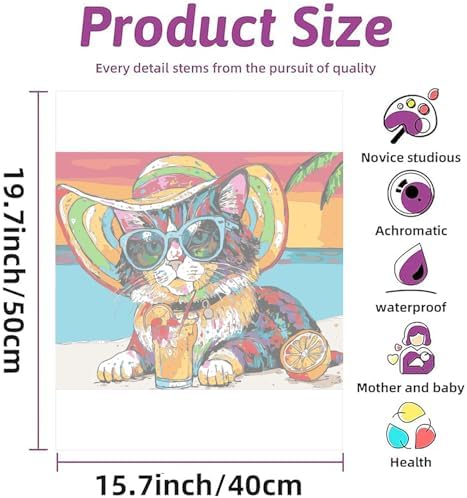 Paint by Numbers Kit for Adults Beginners,Abstract Beach Vacation Cat Frameless Beginner DIY Acrylic Watercolor Oil Painting,Animal Digital Painting for Home Wall Decoration and Gifts (16x20 inches)
