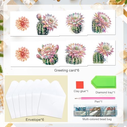 Tontut 6pcs Diamond Art Painting Kit Greeting Card, Cactus Flower 5D DIY Diamond Handmade Holiday Glitter Greeting Card with Envelope, Holiday Gift Congratulation