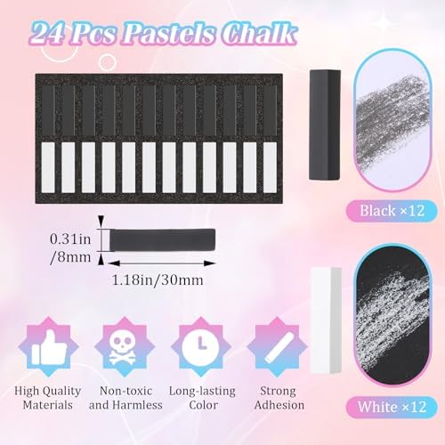 Watersay 24 Pcs Soft Pastel Drawing Chalk Set Square Sketch Chalk Non-toxic Artist Pastel Sticks for Professional Artists and Art Lovers(30 x 8 x 8 mm,Black,White)