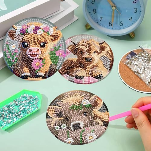 Diamond Art Coasters Kit,8 Pcs Highland Cow Diamond Painting Coasters Kit