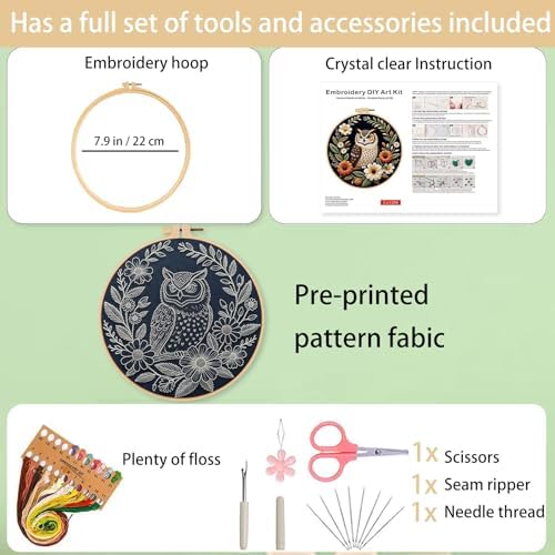 Ohcol Embroidery Kit Cross Stitch Kits for Beginners Needlepoint Kits for Adults Needle Point Kits with Owl & Hoop