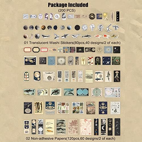 Esweny 200 Pieces Vintage Ephemera Scrapbooking Supplies Pack for Journaling, Decoupage Paper Scrapbook Stickers Kit for Junk Journal Planners Collage Craft Notebooks Album (Space and Sea)