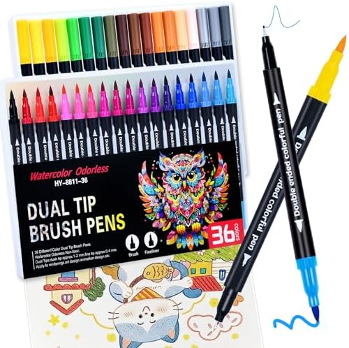 36 Colors Brush & Fine Dual Tip Art Markers Set for Adult Kids Coloring, Dual Tip Colored Pens Markers Quick Drying Without Fading ,Water Based Marker for Painting,Calligraphy, Doodling Journal