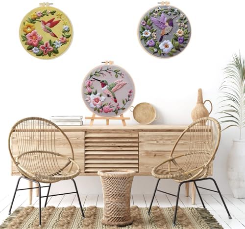 LB 3 Pack Hummingbird Flower Embroidery Kit for Beginners Funny Simple Beginner Embroidery Kit for Adults DIY Starter Kit with Embroidery Hoop Colorful Threads Tools Step by Step Instructions