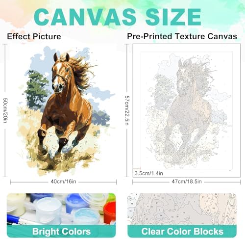 Paint by Numbers Kit for Adults, Running Horse Painting, 16 x 20 Inch | DIY Adult Paint by Number Kit on Canvas for Beginners, without Frame, Horse Wall Decor, Stress Relief Craft Gift