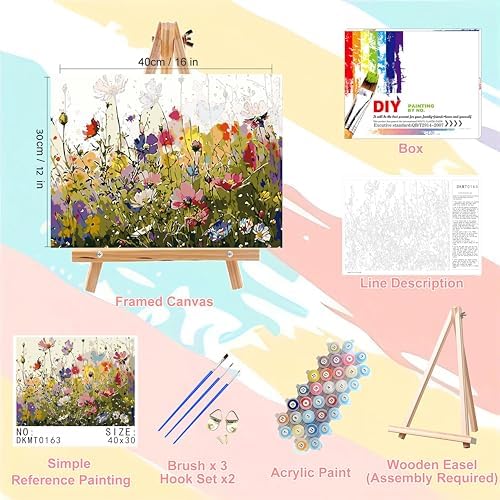 Wild Flower Paint by Numbers for Adults with Framed Canvas - Wooden Easel