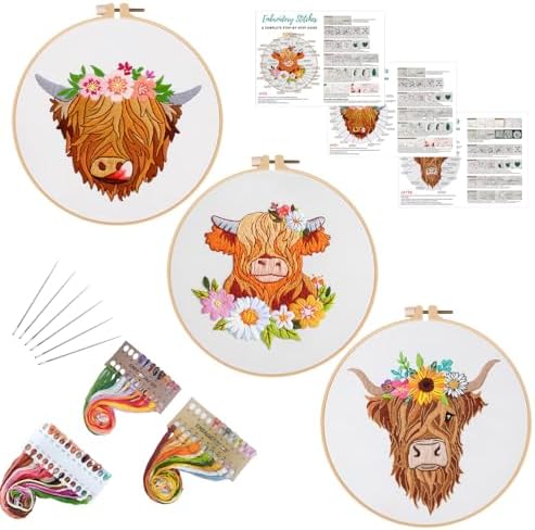 Louise Maelys 3 Pack Highland Cow Embroidery Kit for Beginners Floral Art