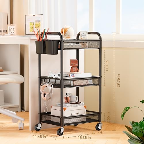 YASONIC 3 Tier Metal Rolling Cart, Black Utility Storage Cart with Wheels | Metal Mesh Craft Cart With Hooks & Hanging Cups, Ideal For Kitchen, Bathroom, Office, Dorm, Art Workspace, Bedside Storage