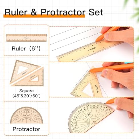 YPLUS Geometry Set, Protractor and Compass Set for Students, 12Pcs | Compass Drawing Tool with Metal Case, Rulers, Protractor, Mechanical Pen, Back to School Supplies for Students