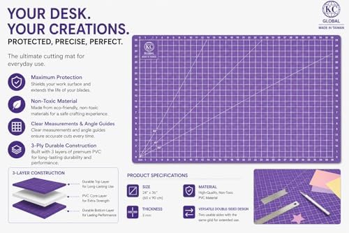 KC GLOBAL A1 (38"x26") Professional Grade Self-Healing Cutting Mat - Purple, Odor-Free, Reversible, Eco-Friendly, Durable, 2mm PVC Material, Premium Desk Mat for Crafters, Quilters, and Hobbyists