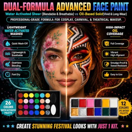 26-Color Water Activated Face Paint Palette+12-Color Body Paint Oil Palette