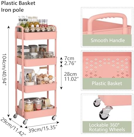 Sywhitta 4-Tier Plastic Rolling Utility Cart with Wheels for Storage, Pink