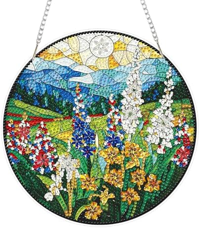 Stained Glass Flowers Diamond Art Hanging Kit for Adults, Flowers Pendant Diamonds Painting Art Kit, Special Crystal Diamond Art Painting Pendant Ornament, Craft Gift for Women Home Window Decor