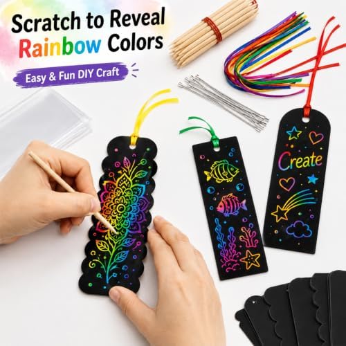 MAQIHAN 36 Sets Scratch Art Bookmarks - DIY Rainbow Bookmark Kit with Tools