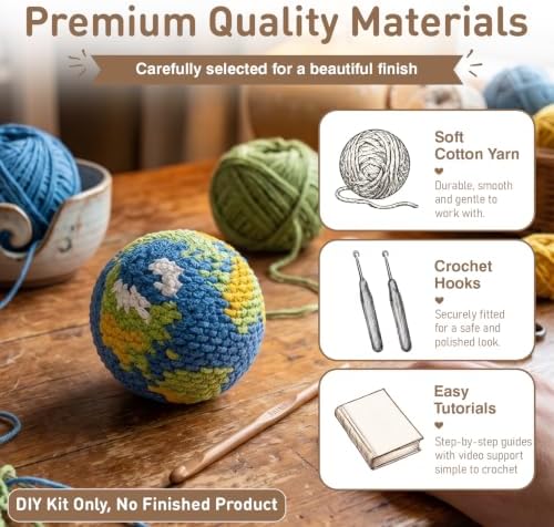 DIY Crochet Earth Globe Kit for Beginners – Handmade Amigurumi Planet Ball Craft Set with Yarn, Fiberfill, Keychain Strap & Instructions – Easy Beginner Crochet Decor and Pendant Gift for Adults