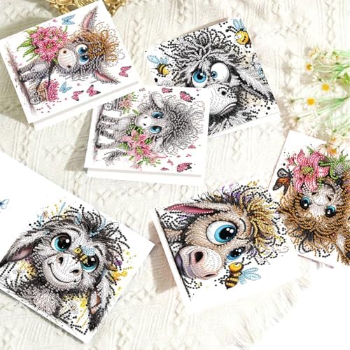 6 Pcs 30x15cm 5D Diamond Painting Greeting Cards Kits, Handmade Festival Greeting Cards with Envelopes DIY Diamond Art Crafts Birthday Cards Sparkling Designs for Birthdays Christmas Holiday (Donkey)