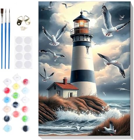 Bowetile Framed Paint by Numbers Lighthouse for Adults Beginners, Adults' Paint-by-Number Landscape Kits, Easy Adult Paint by Number Kits on Canvas, Acrylic Number Painting for Home Decor, 8x12in