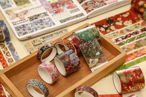15 Rolls Japanese Sakura Washi Tape Set, Traditional Kimono Decorative Masking Tapes with Gold Foil, Cherry Blossom Arts for Craft, Scrapbook, DIY, Gift Wrapping (1-Sakura Court Splendor)