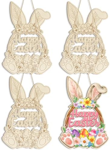Large Size 12" Wooden Easter Ornaments to Paint, Wooden DIY Blank Unfinished Round Wood Discs Ornament Happy Easter Bunny Door Sign Hanging Sign Plaque Crafts Hanging Decorations 3PCS