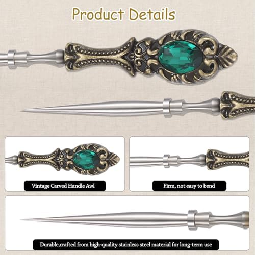 2Pcs Metal Embroidery Awl Set, European Vintage Carved Handle Scratch Awl, Sharp Sewing Awl Tool for Sewing with Storage Cases, Durable and Leather Punch Stitching DIY Craft(Antique Bronze)