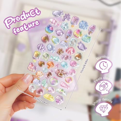 Cute Relief Stickers Purple Ocean Theme Puff Stickers with Glitter Kawaii Fish, Snails, Seaweed 3D Puffy for Scrapbooks Planner Journals Laptops Phone Case Decoration Laptops Phone Case DIY