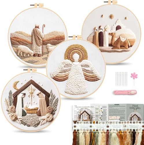 Harimau Adult Beginner Embroidery Starter Kit, Complete Set with 4 Patterns, 2 Hoops, Needles, Scissors, Instruction Guide & Stitching Video Tutorials