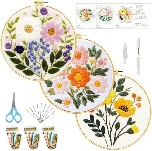 FEIYUENO 3 Sets Flowers Embroidery Kit for Beginner Adults (Sunflower)