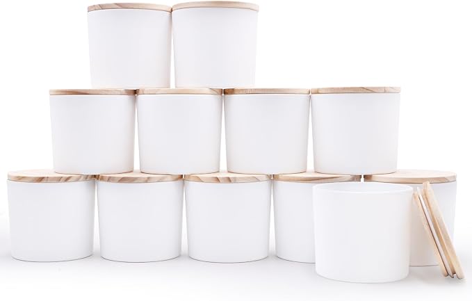 SHOWIN 12 OZ Thick Candle Jars for Making Candles 12 Pcs, Empty Jars with Wood Lids for Spice Jars, Sample Container, Matte White