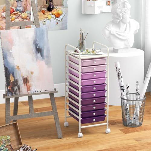 Storage Cart, Rolling Utility Cart with 10 Drawers, Portable Handles & Lockable Wheels, Mobile Paper Toys Storage Organizer Large Capacity for Home Office School Teacher (Purple Gradient)