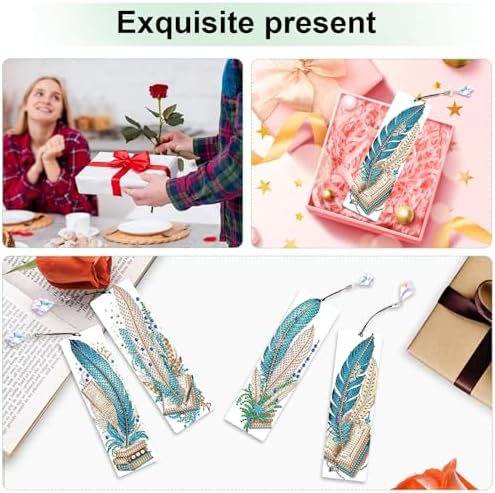 4-Pack 5D Diamond Painting Bookmarks Kit, Peacock Feather DIY Diamond Art Bookmarks with Rhinestones and Tassels, Creative Bookmark Making Set for Adults, Gift for Book Lovers
