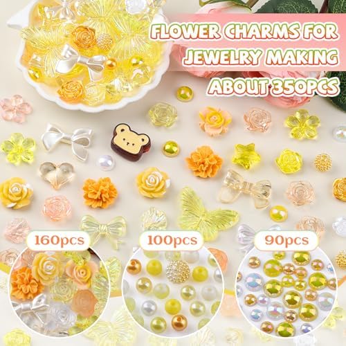 350 Pieces 3D Resin ABS Colorful Rose Flower Bows Butterfly Charms with Flatback Half Round Pearl Beads for Bracelet Earring Necklace Craft DIY Making Supplies