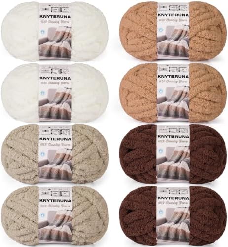 Chunky Yarn for Hand Knitting, #10 Chunky Blanket Chenille Yarn, Large Bulky Thick Jumbo Yarn, Super Chunky Knit Yarn for Crocheting, 8 Skein (8 oz 22 yds Each Skein), White & Multi Coffee