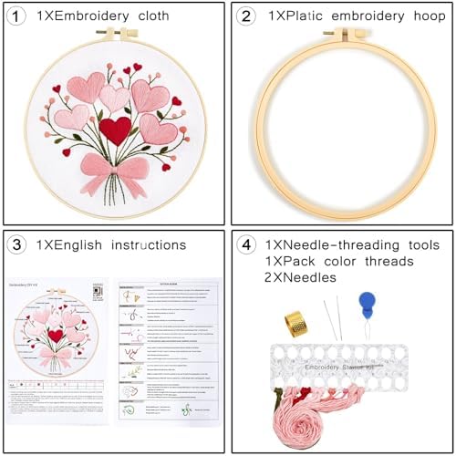 Heart Flower Embroidery Kits for Beginners Adults, Pink Embroidery Starter Kits, Counted Cross Stitch Kits for Adults Anniversary Valentine's Day Gift, Embroidery Hoops, Fabric Thread & Video Tutorial