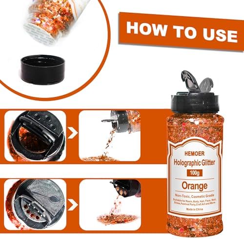 HEMOER Pumpkin Orange Glitter, 100g/3.5oz Holographic Chunky Glitter Mixed Hexagon Chunky & Fine Flakes Thanksgiving Sequins for Epoxy Crafts, Resin, Nail Body, Tumblers, Festival Party