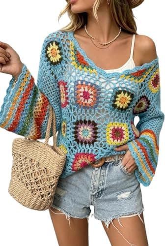 Kinghua Crochet Tops for Women Spring Summer Boho Floral Shirts Coverups