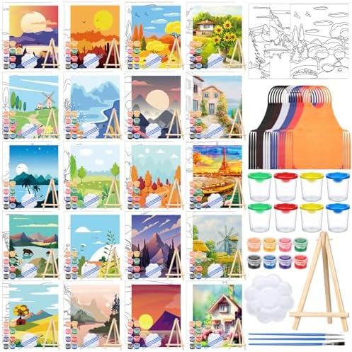 Sherr 140 Pcs 20 Set Pre Drawn Canvas Painting Kit, Sceneries