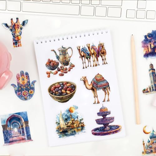 50PCS Arabian Middle Eastern Stickers for Scrapbooking, Clear Vintage Desert Islamic Mosaic Palace Camel Lantern Journal Stickers for Junk Journal Planner Crafts Watercolor Aesthetic Decor