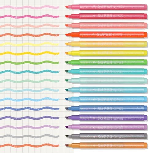 HANKU Glitter Highlighters, 16 Pack, Assorted Chisel Tip Aesthetic Markers