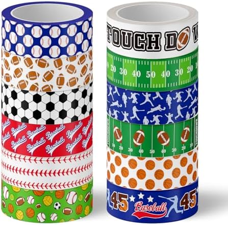 Whaline 12 Rolls Sports Theme Washi Tape Sport Balls Masking Tape Assorted Masking Decorative Wrapping Paper Tapes for DIY Craft Scrapbook Envelope Party Favor Supplies