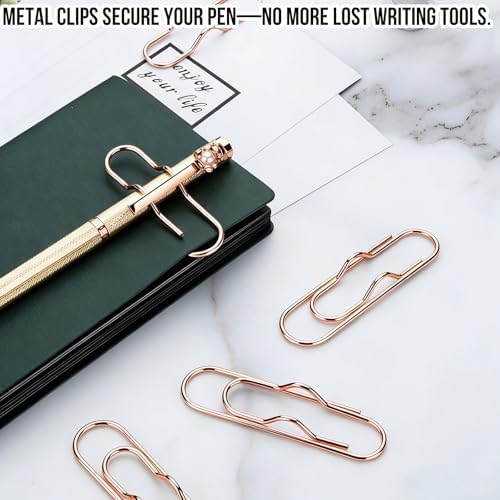 HINGTAI 12Pcs Pen Holder Clips - Pen Holding Paper Clips Metal for Notebooks, Decorative Pencil Clip Organizer, Multi-Functional Bookmark & Card Holder for Desk Organization Rose Gold
