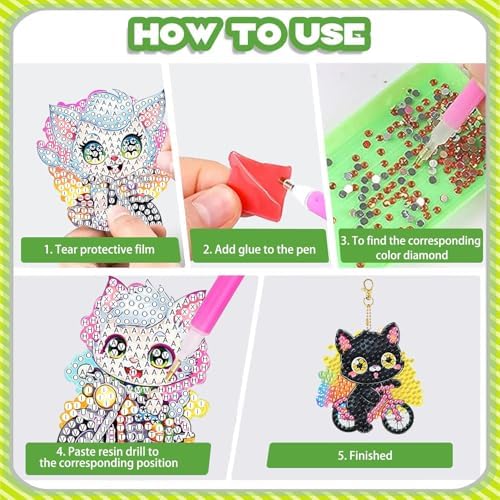 Masendp 8 Pieces Diamond Painting Keychain Animal Cat Style Diamond Art Jewelry Double-Sided 5D Diamond Painting Kit for Beginners Adult DIY Art Craft Gifts Home Decor for cat Lovers Best Gifts
