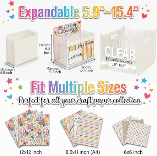 12x12 Scrapbook Paper Storage Organizer with 13 Expandable Pocket, Large Scrapbook Paper Storage for Craft Room Sticker Storage and Organization, Desktop Paper Holder (Cream)