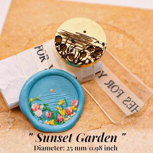 VANGOAL Wax Seal Stamp, Floral Series, 3D Embossed Brass Stamp Head with Wooden Handle, Vintage Sealing Kit for Wedding Invitations, Envelopes, Gift Wrapping, Letters and Crafts (Sunset Garden)