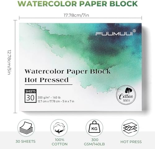 Fuumuui Watercolor Paper Block 5x7 Inch, Smooth Surface 100% Cotton Watercolor Paper, 30 Sheets, 140lb/300gsm, Hot Press, Acid-Free, Art Paper for Painting & Drawing, Wet, Mixed Media