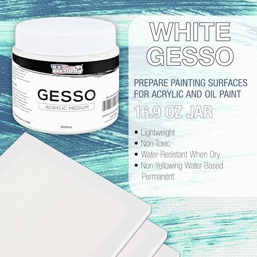 U.S. Art Supply White Gesso Primer 16.9oz (500ml) for Oil & Acrylic Paint | Superior Coverage, Canvas Prep, Mixable White Gesso Paint Artists