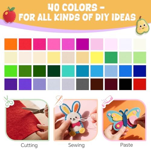moinkerin 40Pcs Felt Sheets for Crafts with Thread 6"x6" Felt Fabric Sheets Assorted Colors 1mm Stiff Felt for Crafting DIY Handwork Sewing Patchwork (40 Colors)