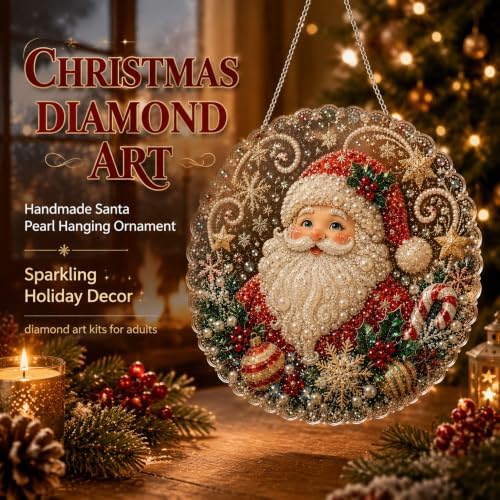 Christmas Pearl Diamond Painting Suncatcher Kit, Pearl Diamond Art Kits for Adults | 3D Mixed-Sized Christmas Bead Art Craft with Acrylic Round Board for Home Decor and Holiday Gifts (Style A)