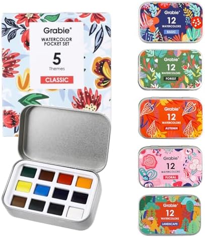 Grabie Set of 60 Color Pocket Watercolor Paint Set, 5 Theme Travel Palette
