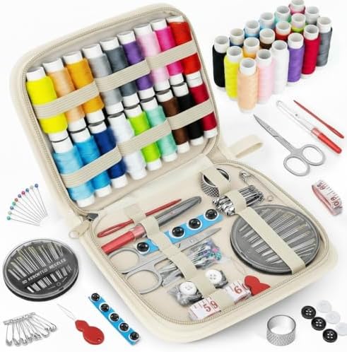 MIXCOOL Sewing Kit for Adults, Beginners, Needle and Thread Kit, Portable Sewing Supplies, Contains Thread, Scissor, Needles, (Beige, M)