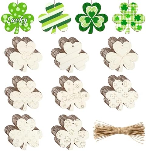80PCS Wooden Shamrock Ornaments to Paint St. Patrick's Day Decorations, 8 Styles DIY Blank Unfinished Wood Shamrock Cutouts Ornament for Tree Home Crafts Hanging Gifts Indoor Spring Farmhouse